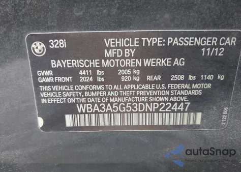 2013 BMW 328I from USA, damaged, VIN WBA3A5G53DNP22447